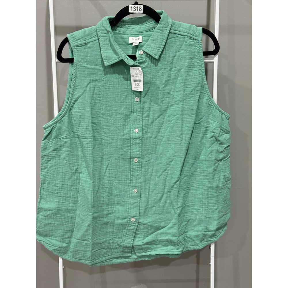 NWT J.Crew Womens Green Double Gauze Cotton Sleeveless Shirt XL Quiet Luxury